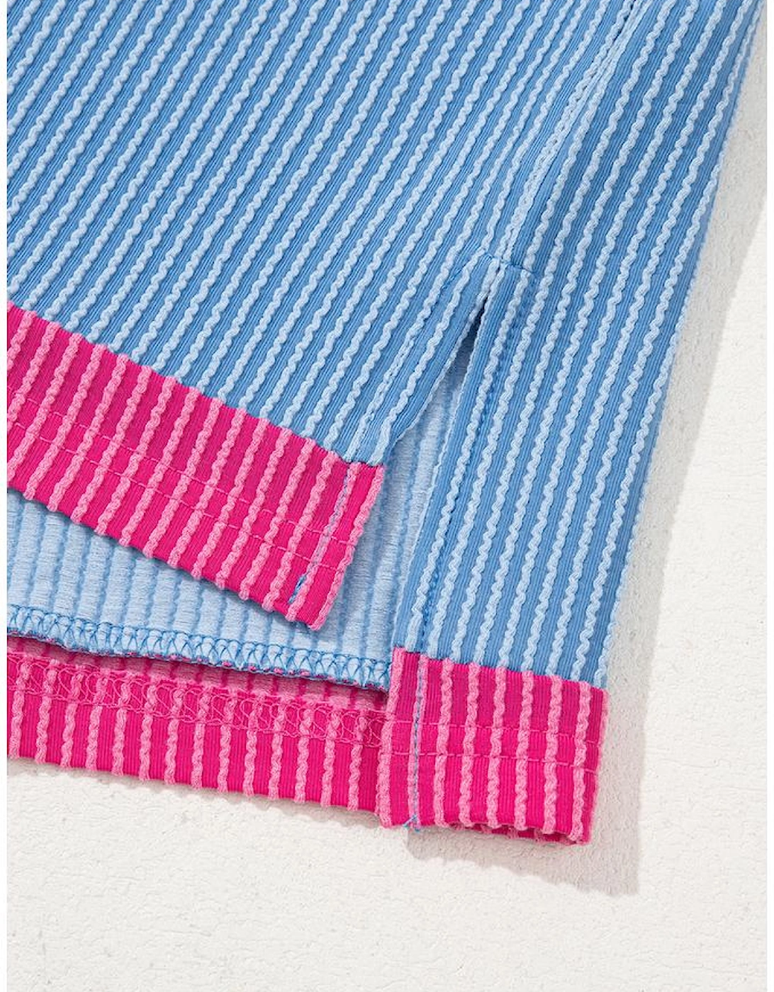 Sky Blue Textured Contrast Trim Round Neck T Shirt