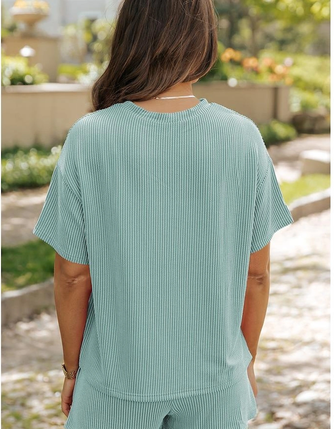 Iceland Blue Ribbed Textured Knit Loose Fit Tee and Shorts Set