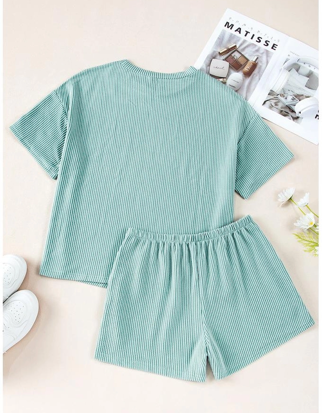 Iceland Blue Ribbed Textured Knit Loose Fit Tee and Shorts Set