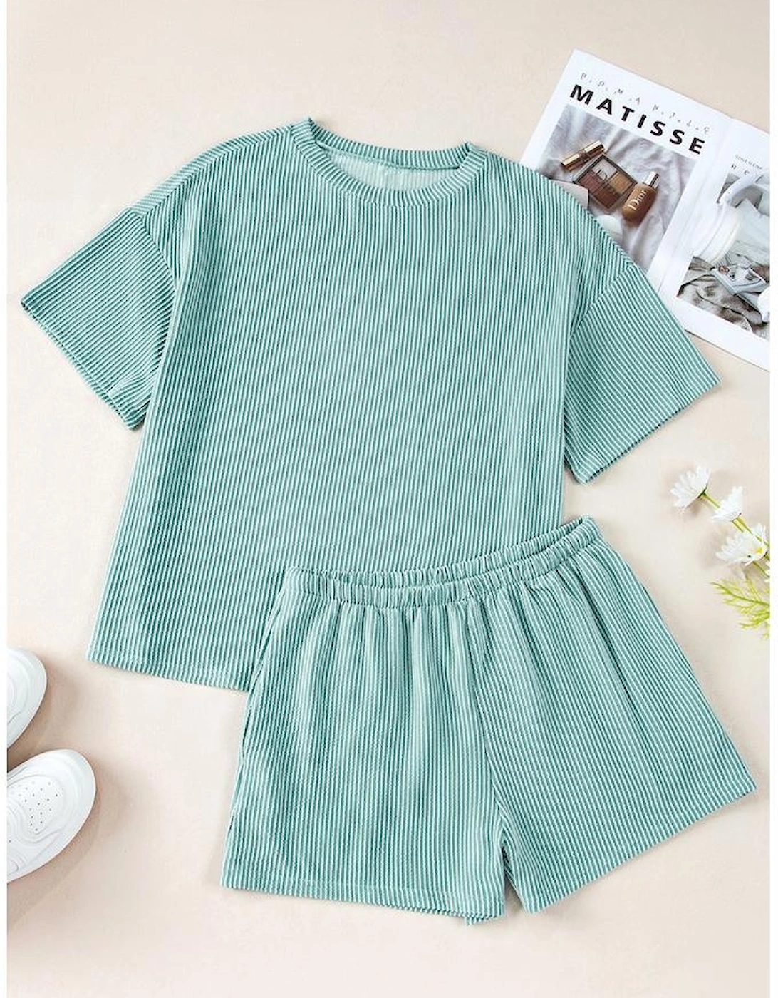 Iceland Blue Ribbed Textured Knit Loose Fit Tee and Shorts Set