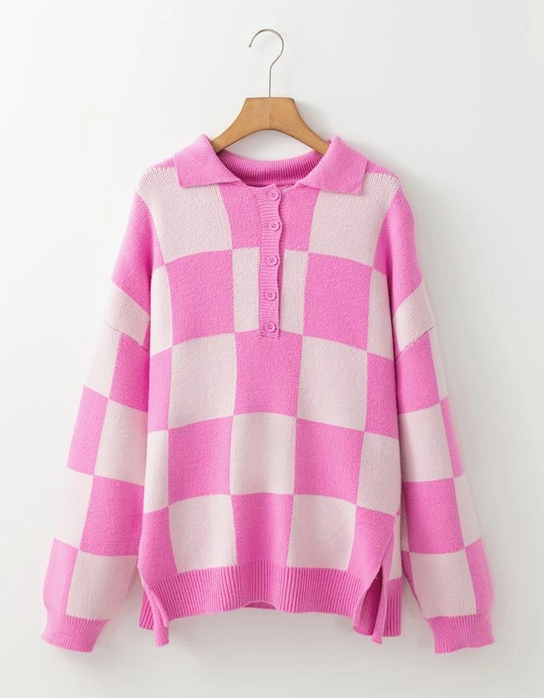 Pink Checkerboard Half Button Collared Drop Shoulder Sweater