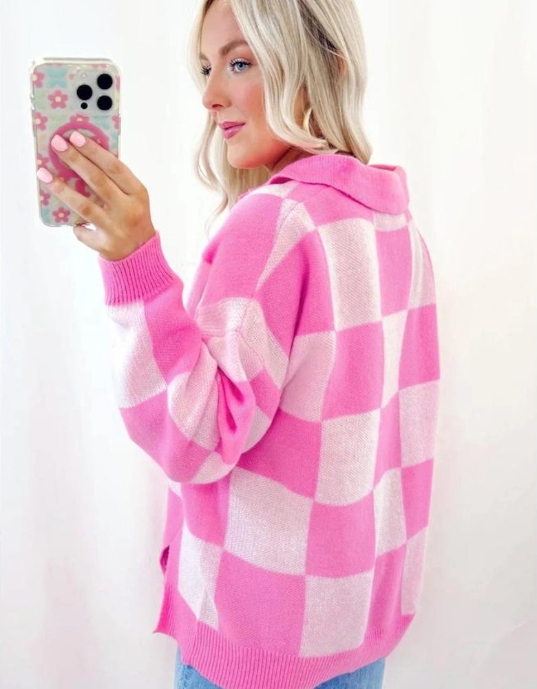 Pink Checkerboard Half Button Collared Drop Shoulder Sweater