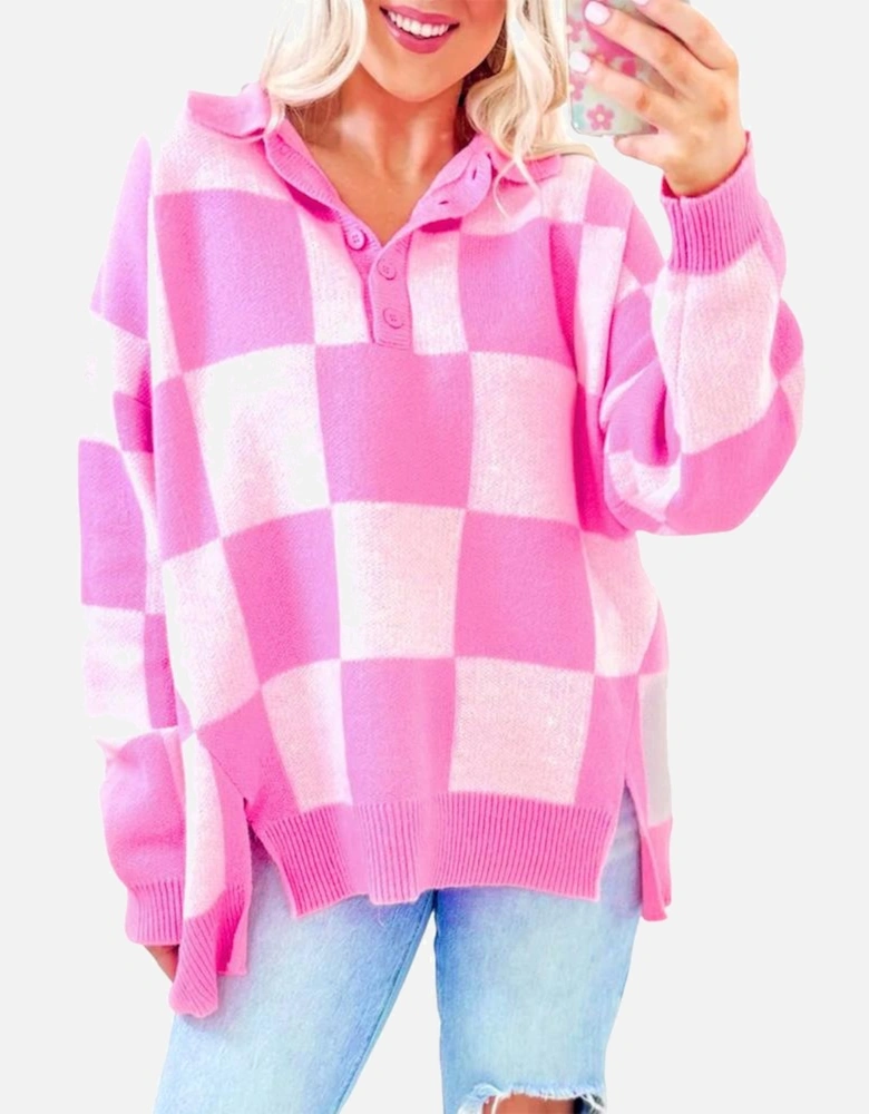 Pink Checkerboard Half Button Collared Drop Shoulder Sweater