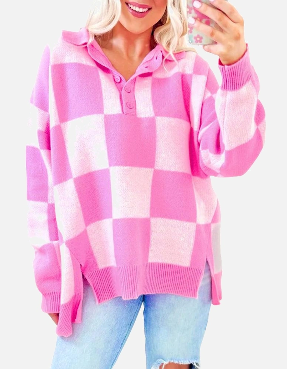 Pink Checkerboard Half Button Collared Drop Shoulder Sweater, 14 of 13