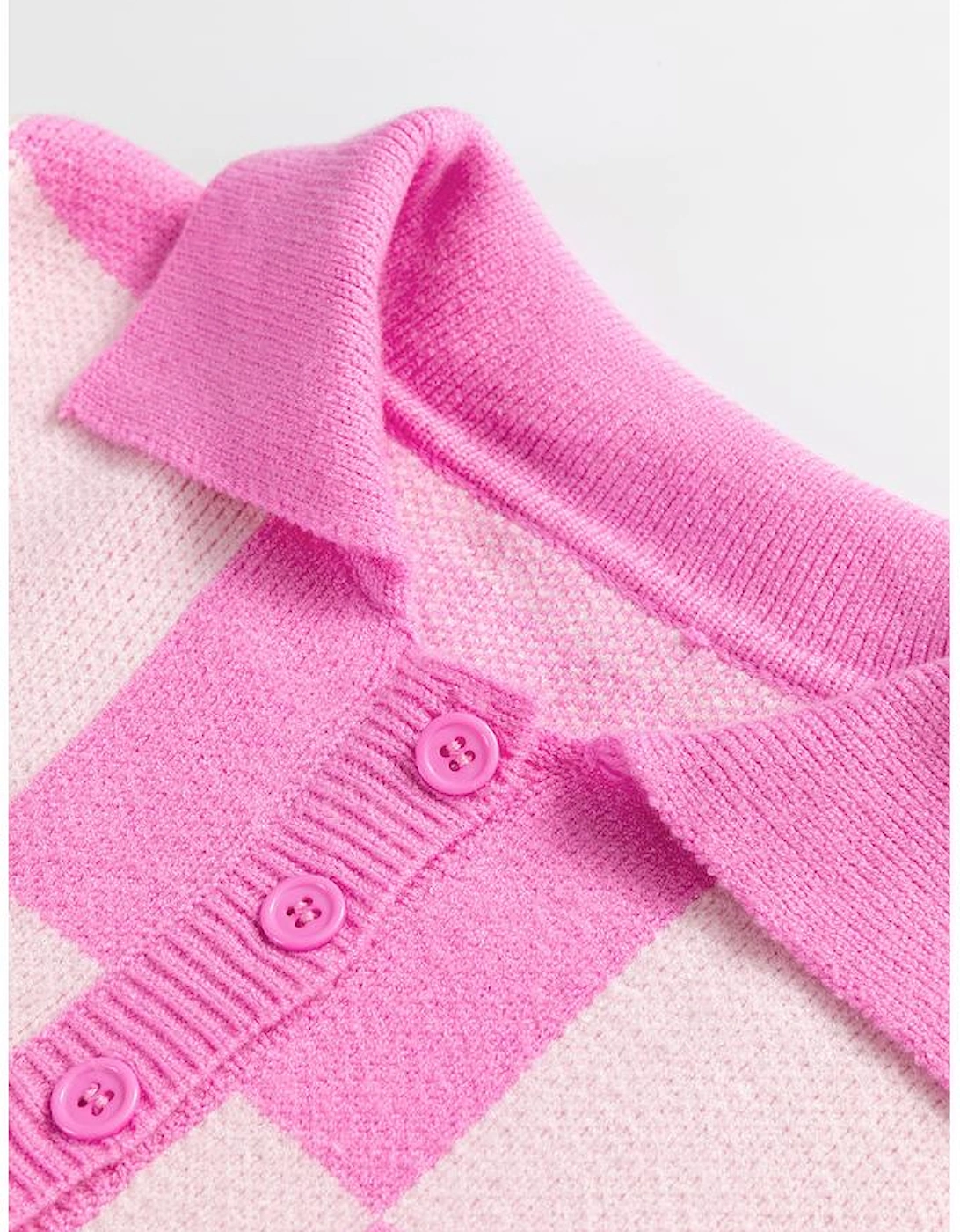 Pink Checkerboard Half Button Collared Drop Shoulder Sweater