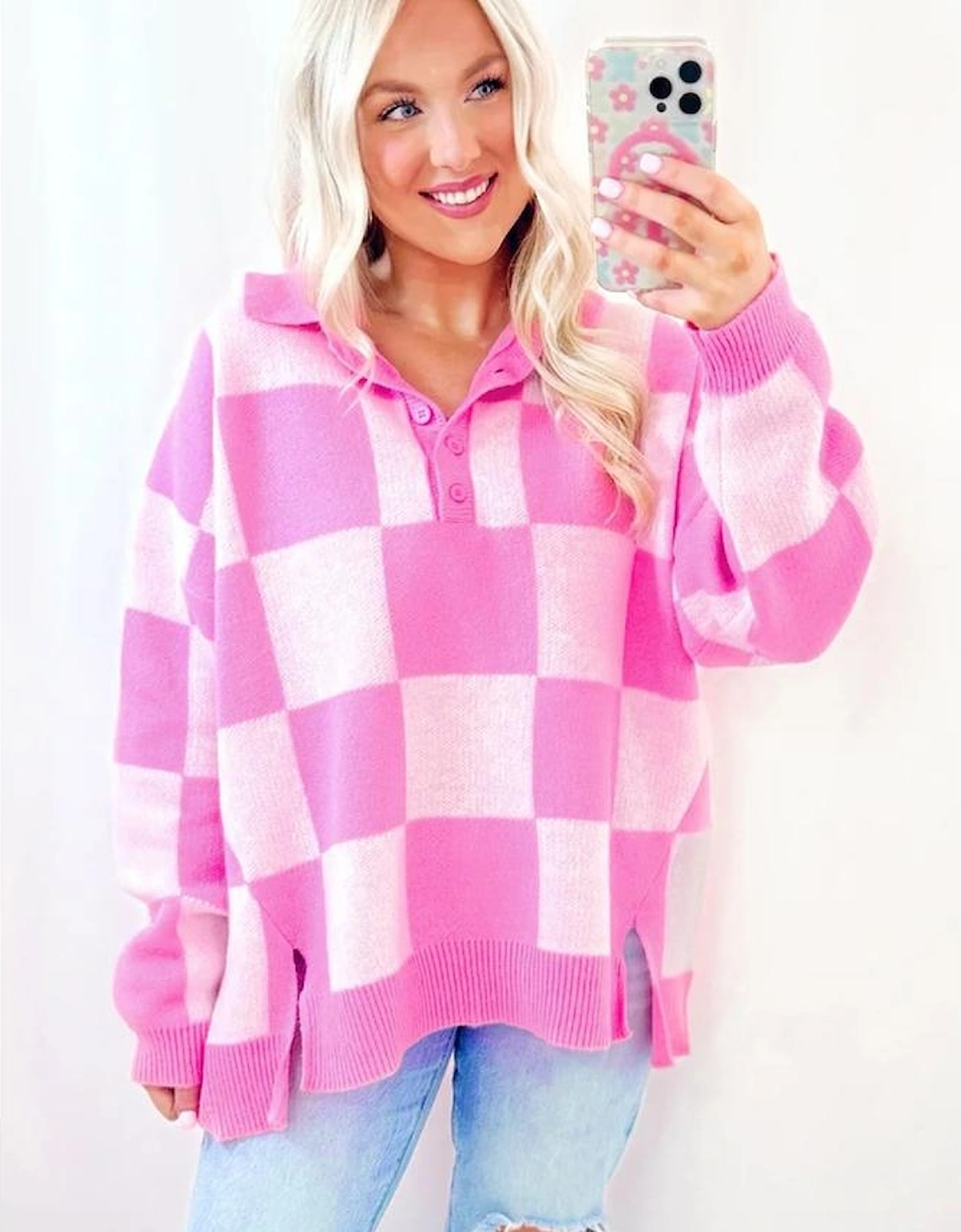 Pink Checkerboard Half Button Collared Drop Shoulder Sweater