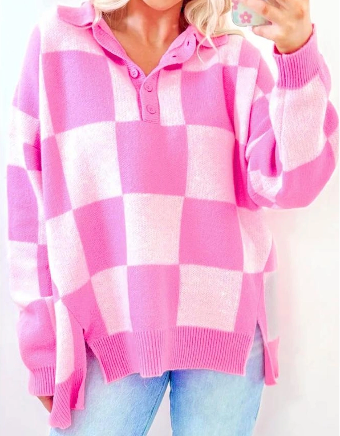Pink Checkerboard Half Button Collared Drop Shoulder Sweater