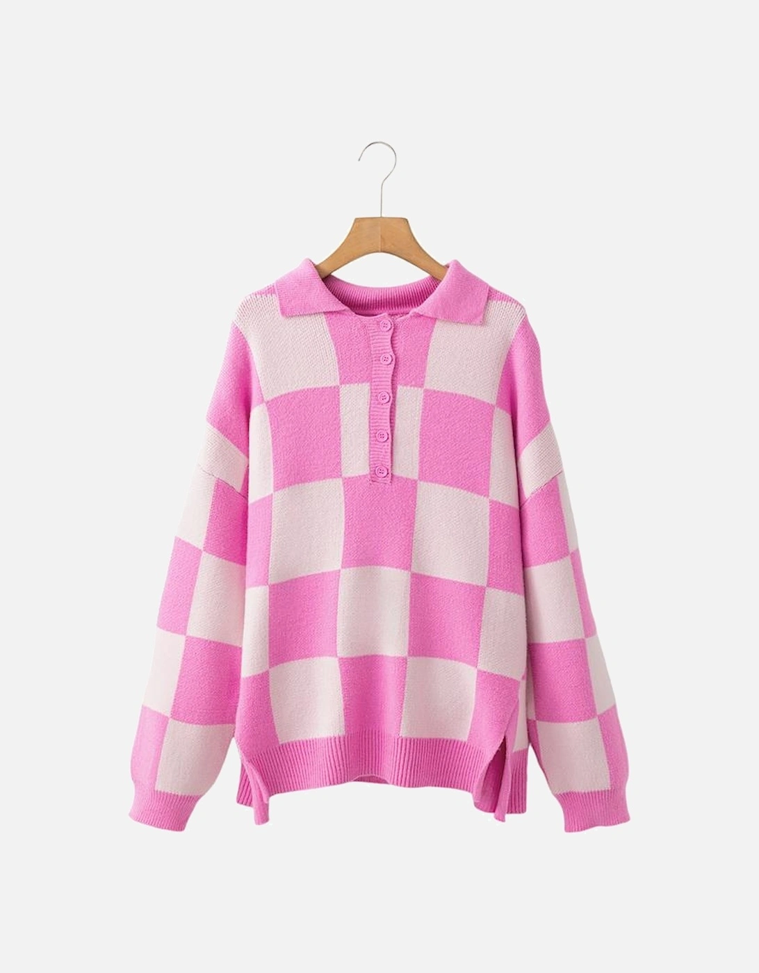 Pink Checkerboard Half Button Collared Drop Shoulder Sweater