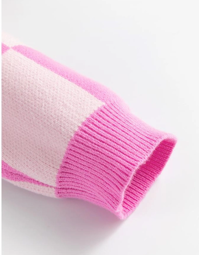 Pink Checkerboard Half Button Collared Drop Shoulder Sweater