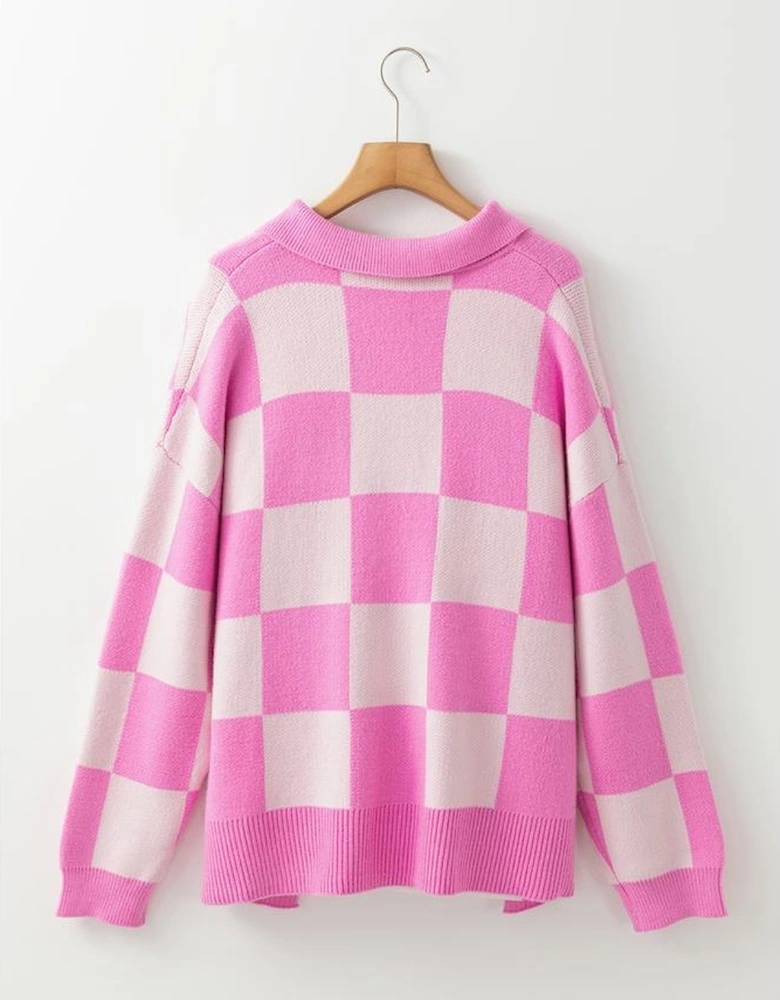 Pink Checkerboard Half Button Collared Drop Shoulder Sweater