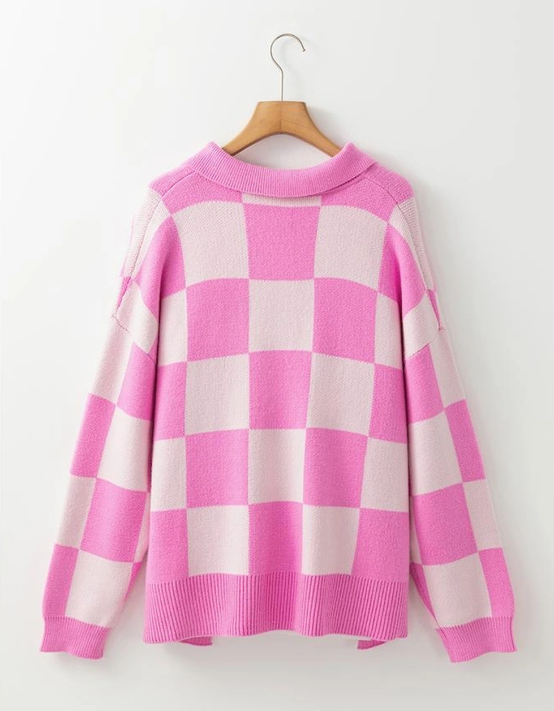 Pink Checkerboard Half Button Collared Drop Shoulder Sweater