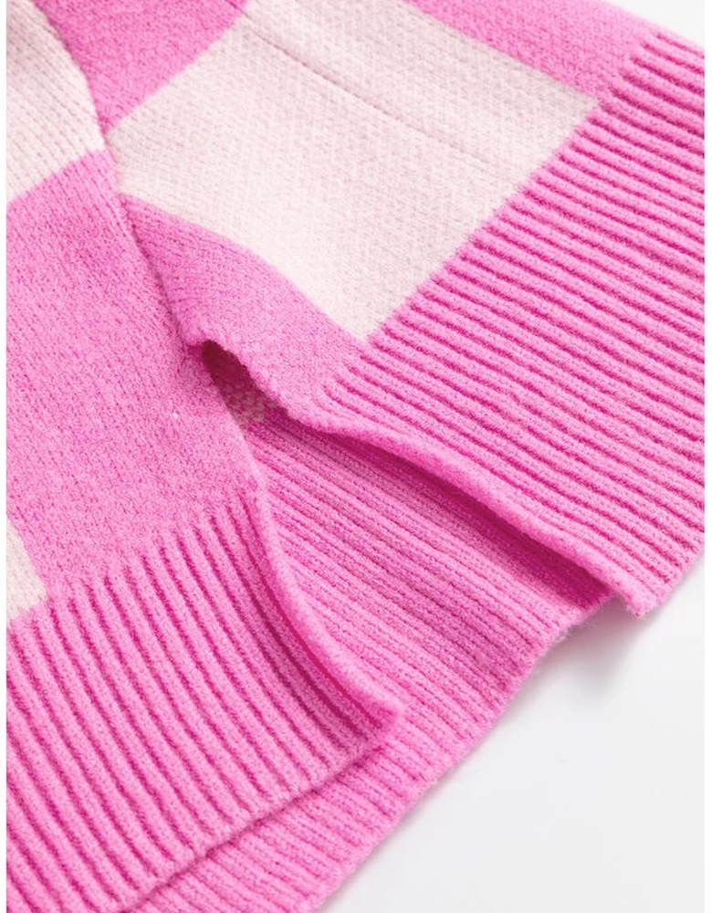 Pink Checkerboard Half Button Collared Drop Shoulder Sweater