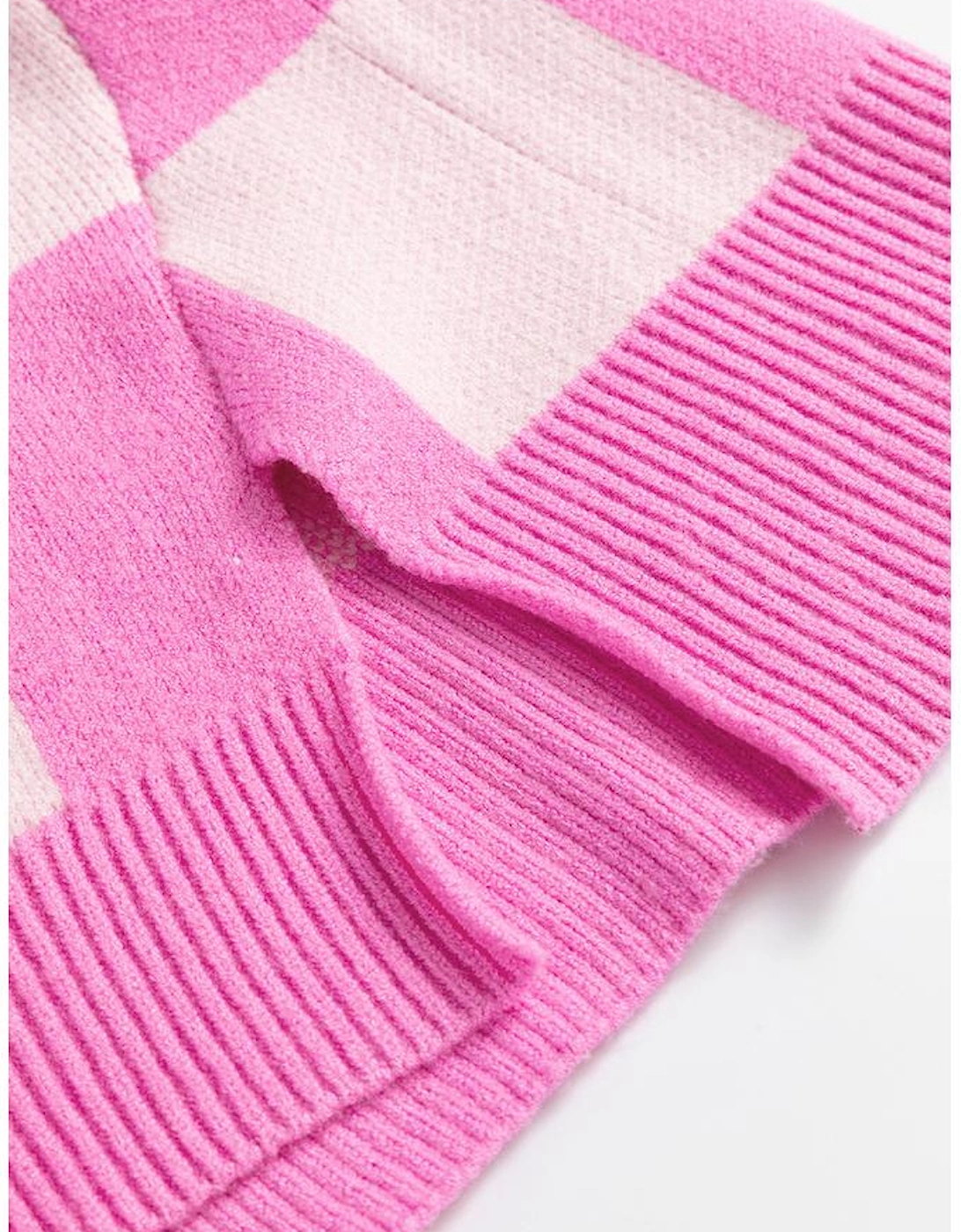 Pink Checkerboard Half Button Collared Drop Shoulder Sweater