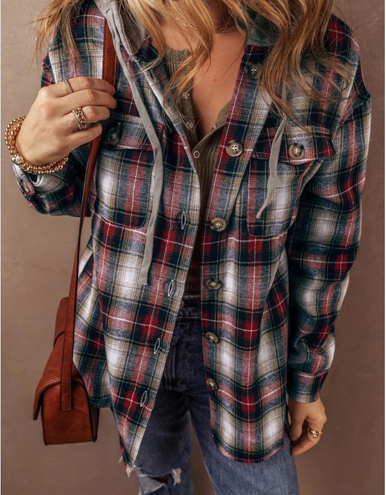 Red Plaid Print Chest Pocket Buttoned Hooded Shacket