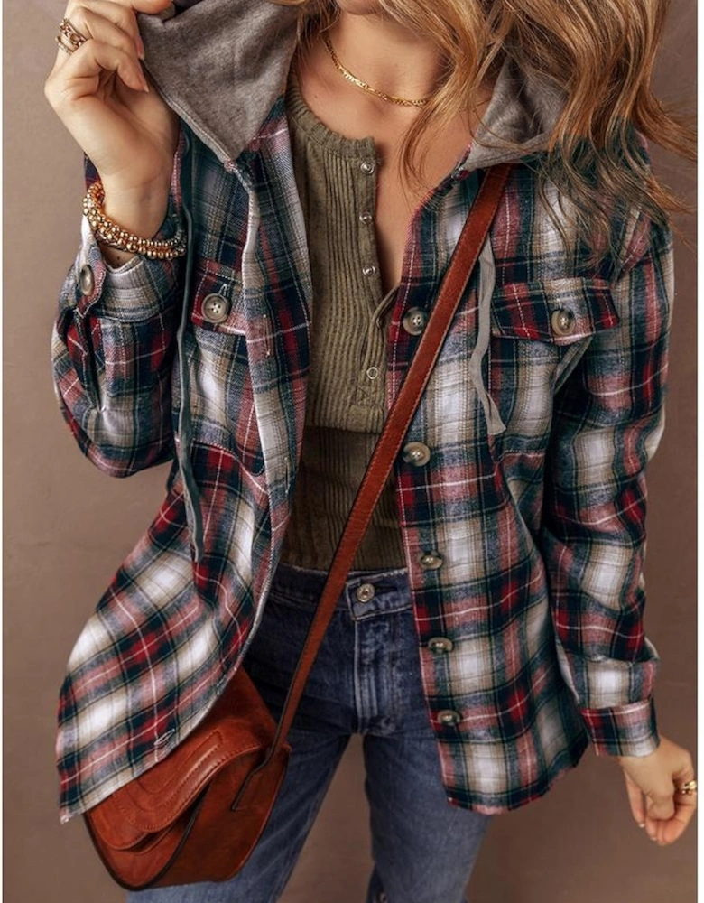 Red Plaid Print Chest Pocket Buttoned Hooded Shacket