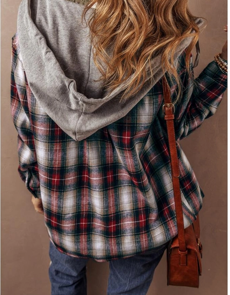 Red Plaid Print Chest Pocket Buttoned Hooded Shacket