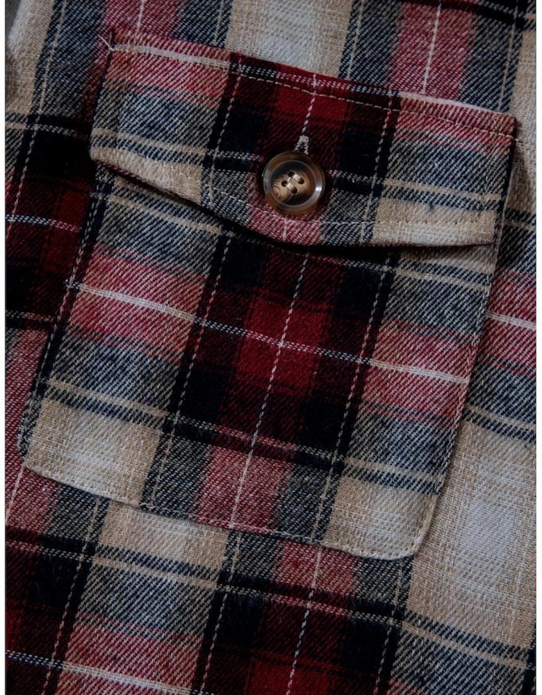 Red Plaid Print Chest Pocket Buttoned Hooded Shacket