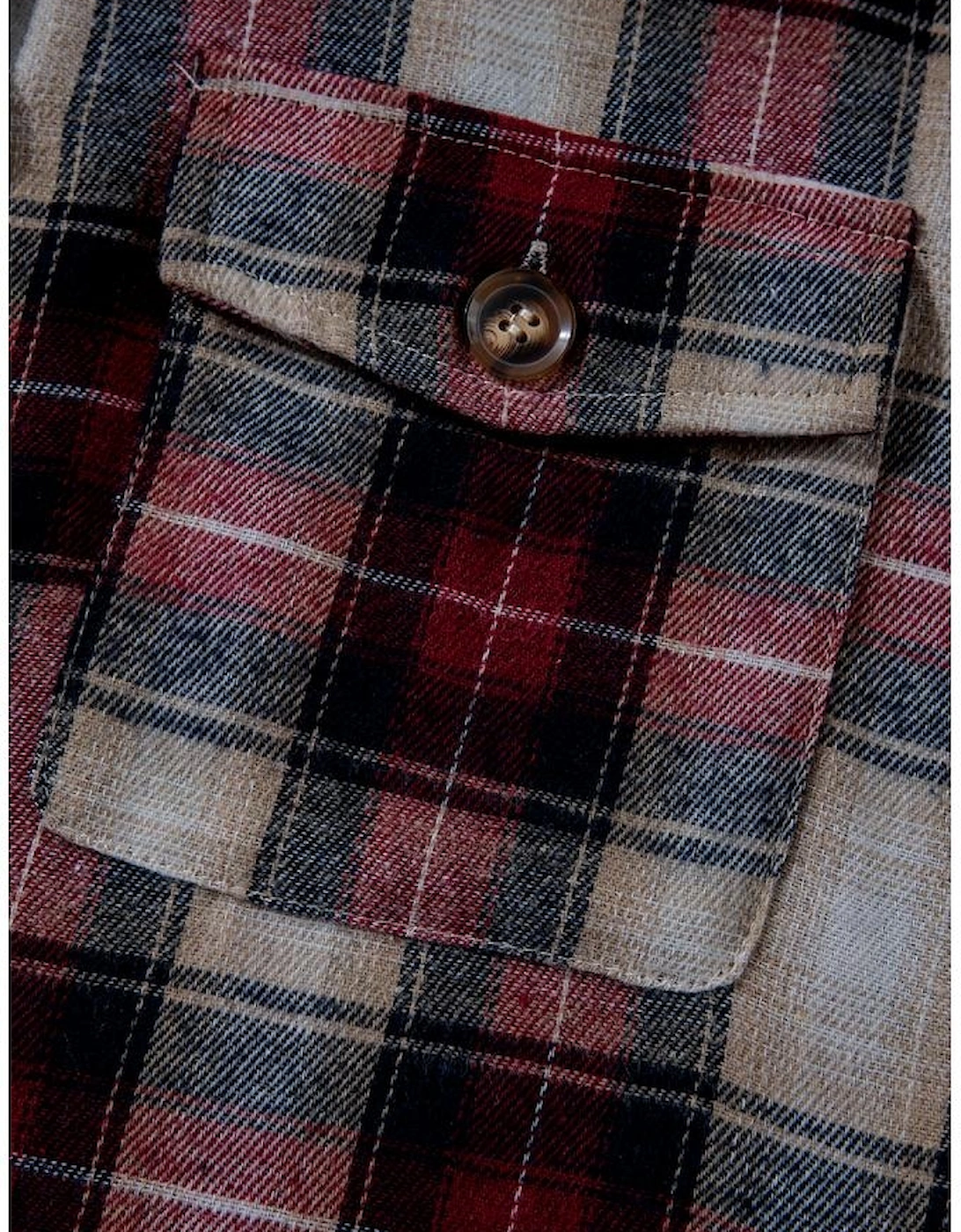 Red Plaid Print Chest Pocket Buttoned Hooded Shacket