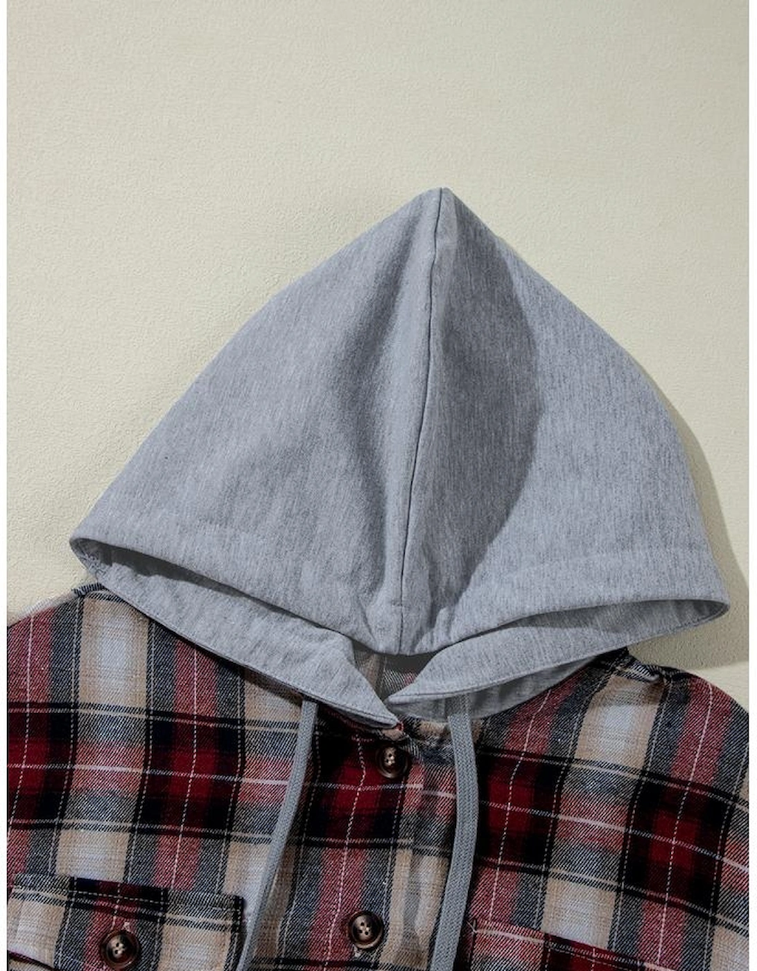 Red Plaid Print Chest Pocket Buttoned Hooded Shacket