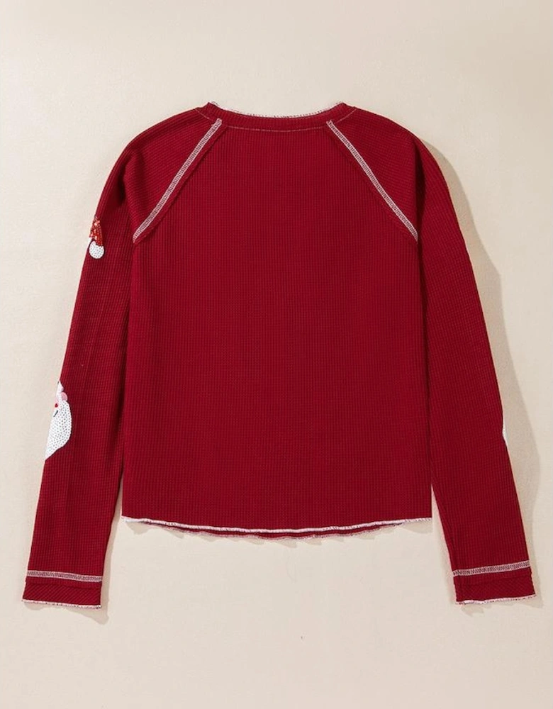 Red Sequin Santa Claus Graphic Textured Long Sleeve Top