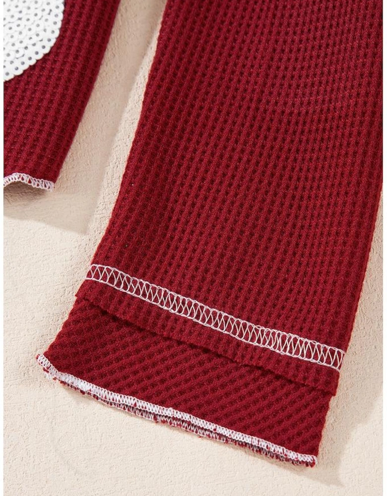 Red Sequin Santa Claus Graphic Textured Long Sleeve Top