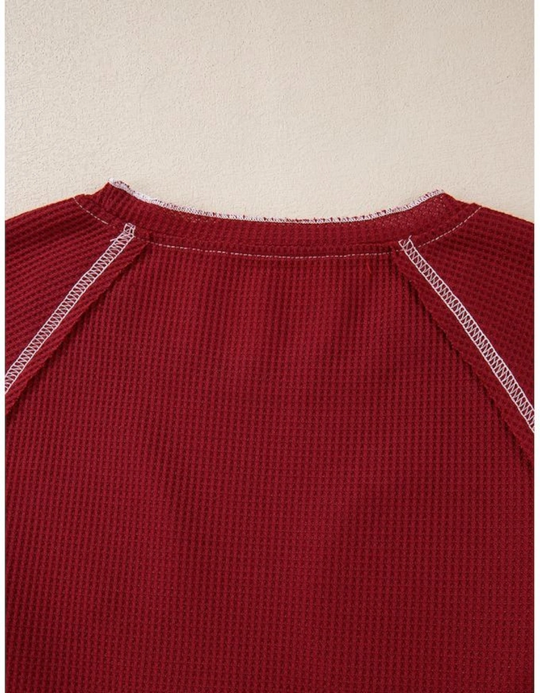 Red Sequin Santa Claus Graphic Textured Long Sleeve Top