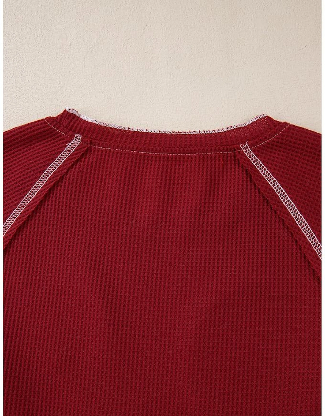 Red Sequin Santa Claus Graphic Textured Long Sleeve Top