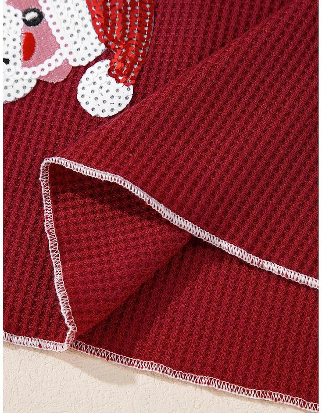 Red Sequin Santa Claus Graphic Textured Long Sleeve Top
