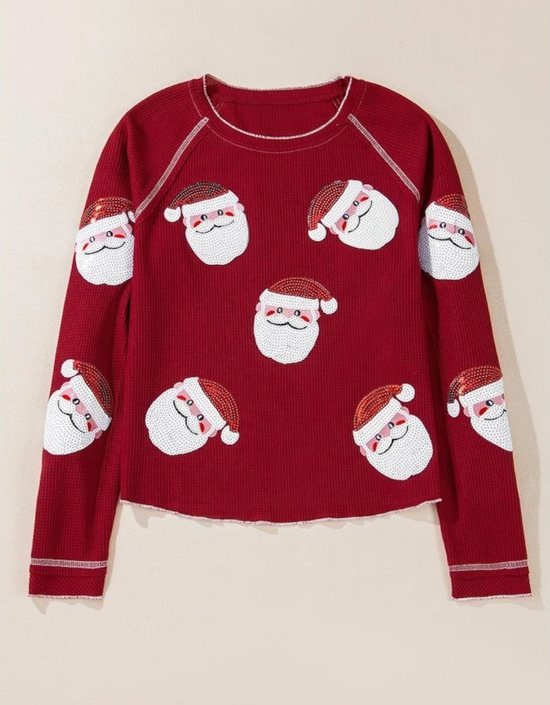 Red Sequin Santa Claus Graphic Textured Long Sleeve Top