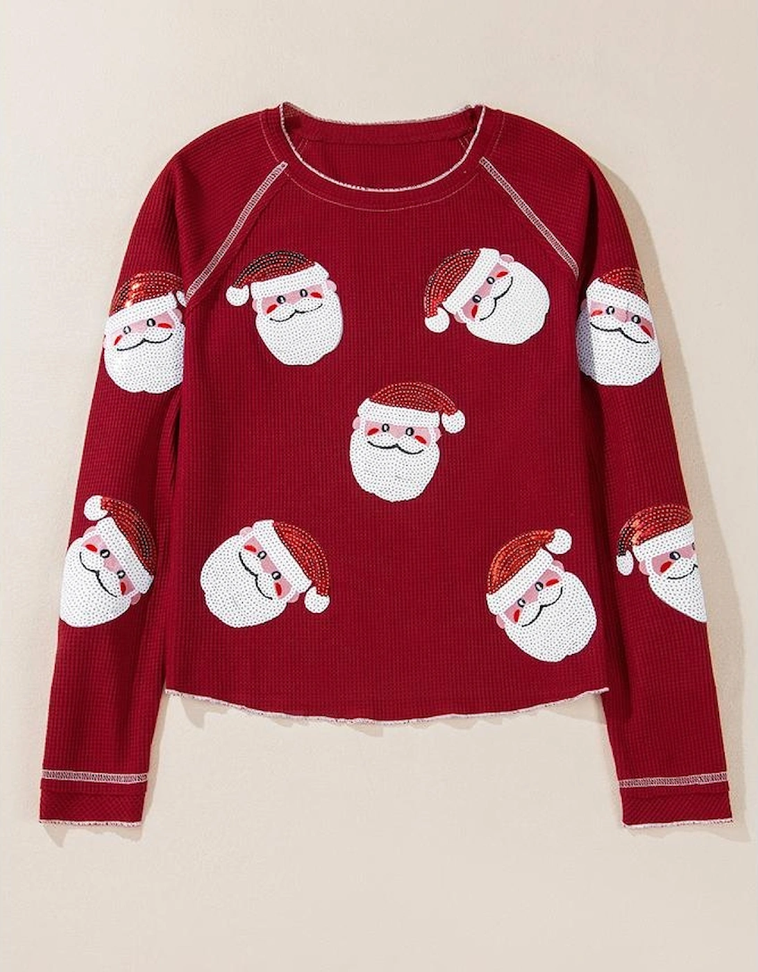 Red Sequin Santa Claus Graphic Textured Long Sleeve Top