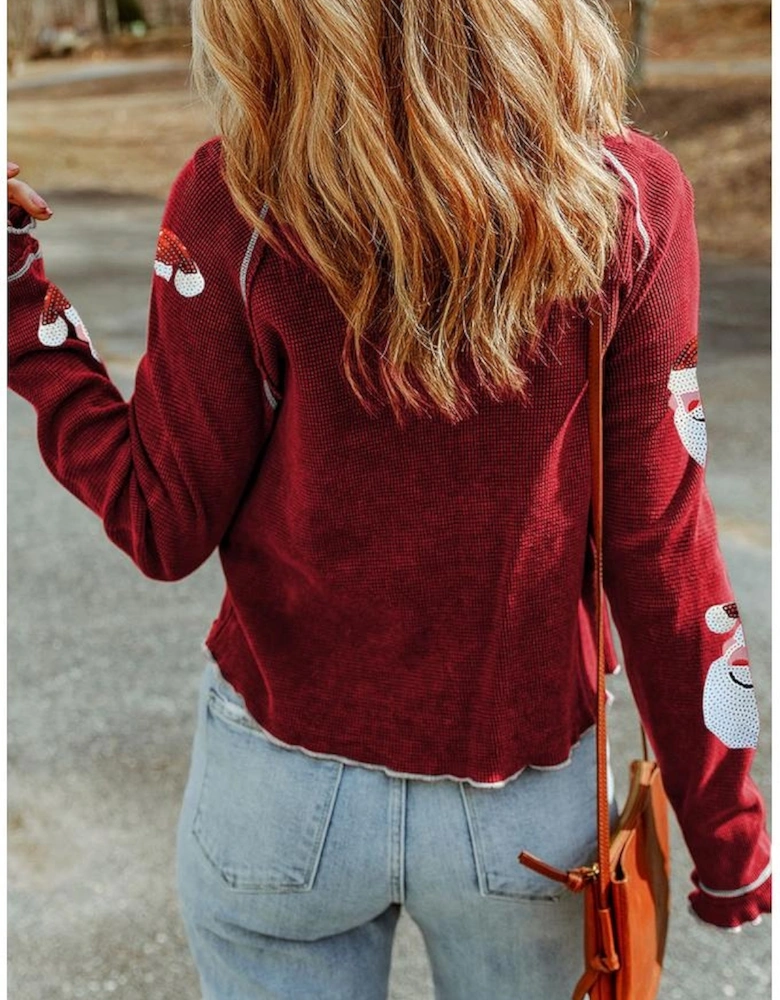 Red Sequin Santa Claus Graphic Textured Long Sleeve Top
