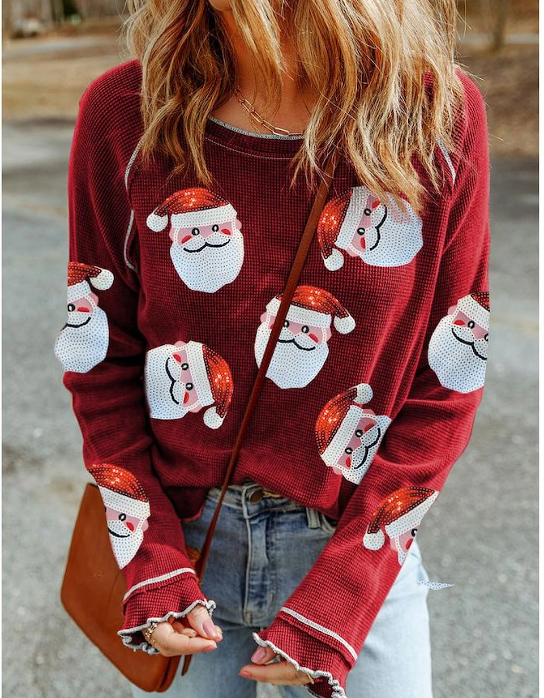 Red Sequin Santa Claus Graphic Textured Long Sleeve Top