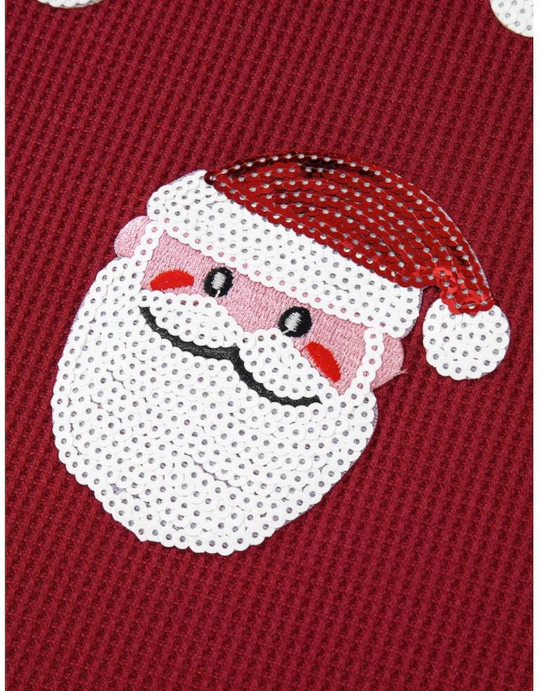 Red Sequin Santa Claus Graphic Textured Long Sleeve Top