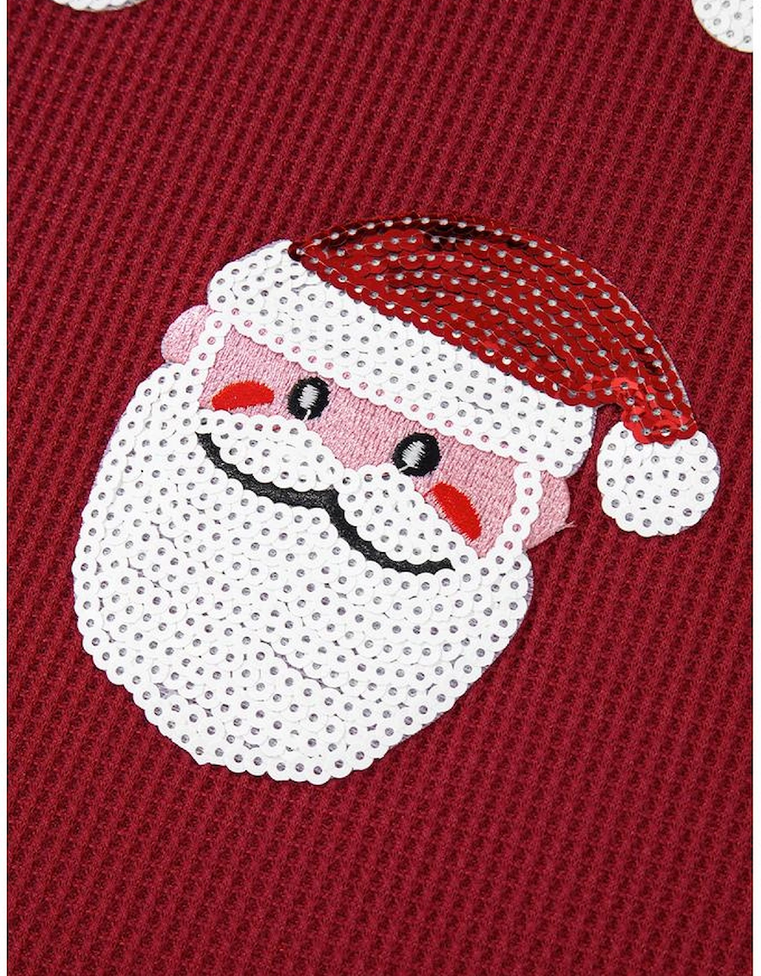 Red Sequin Santa Claus Graphic Textured Long Sleeve Top