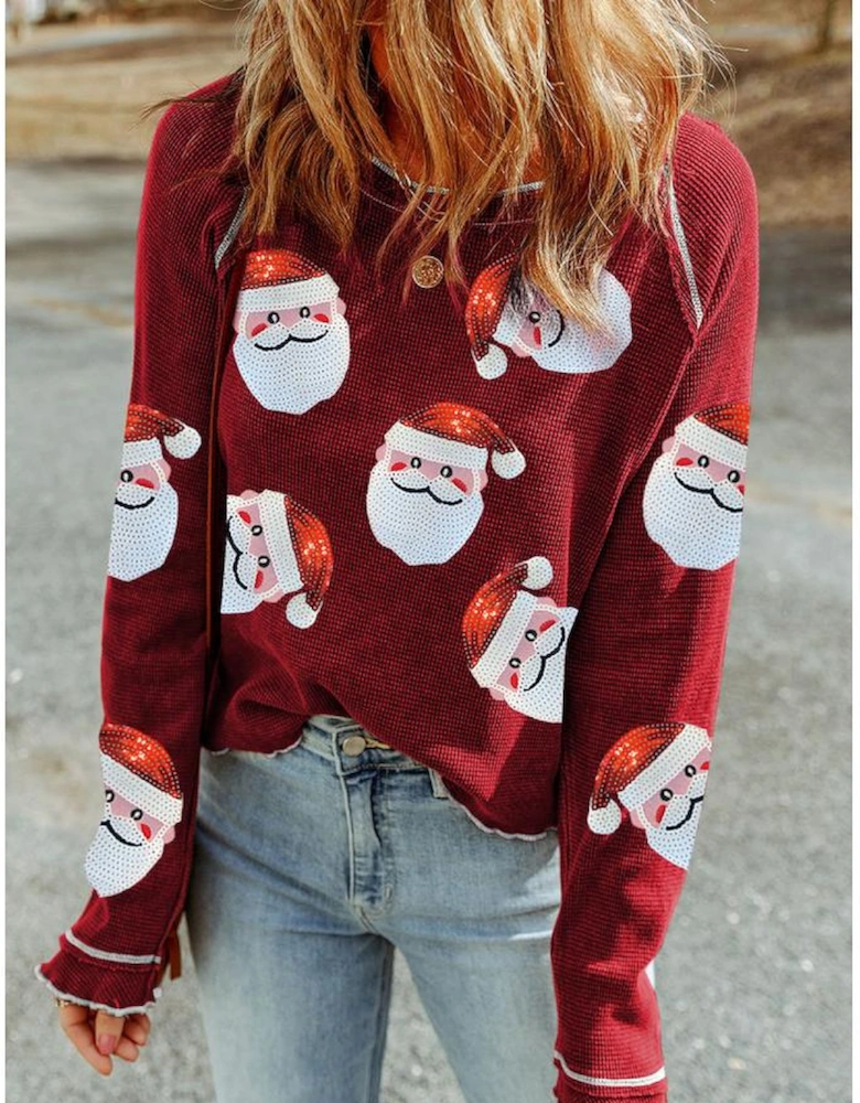Red Sequin Santa Claus Graphic Textured Long Sleeve Top