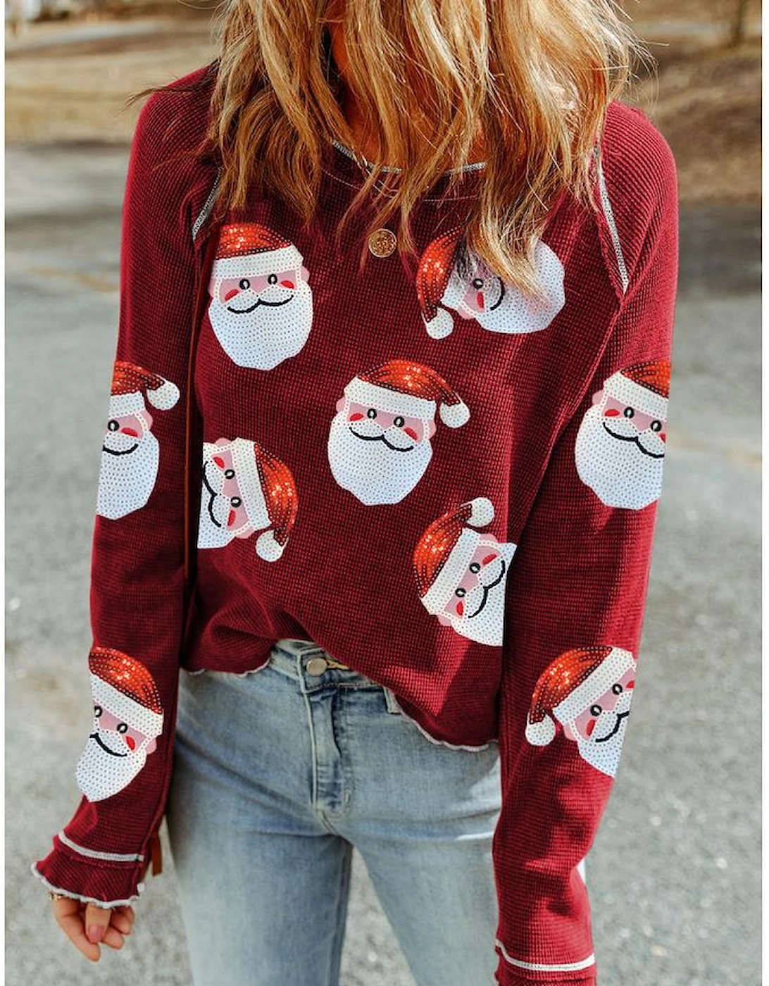 Red Sequin Santa Claus Graphic Textured Long Sleeve Top