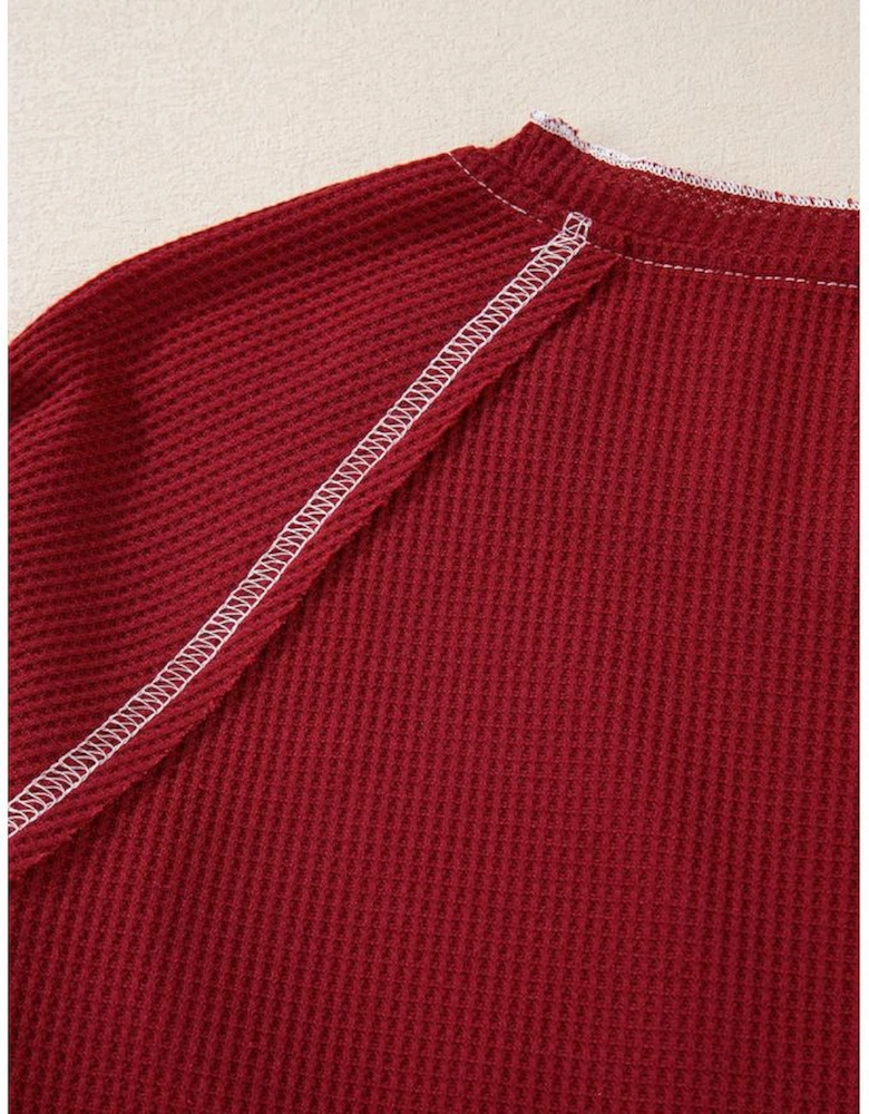 Red Sequin Santa Claus Graphic Textured Long Sleeve Top