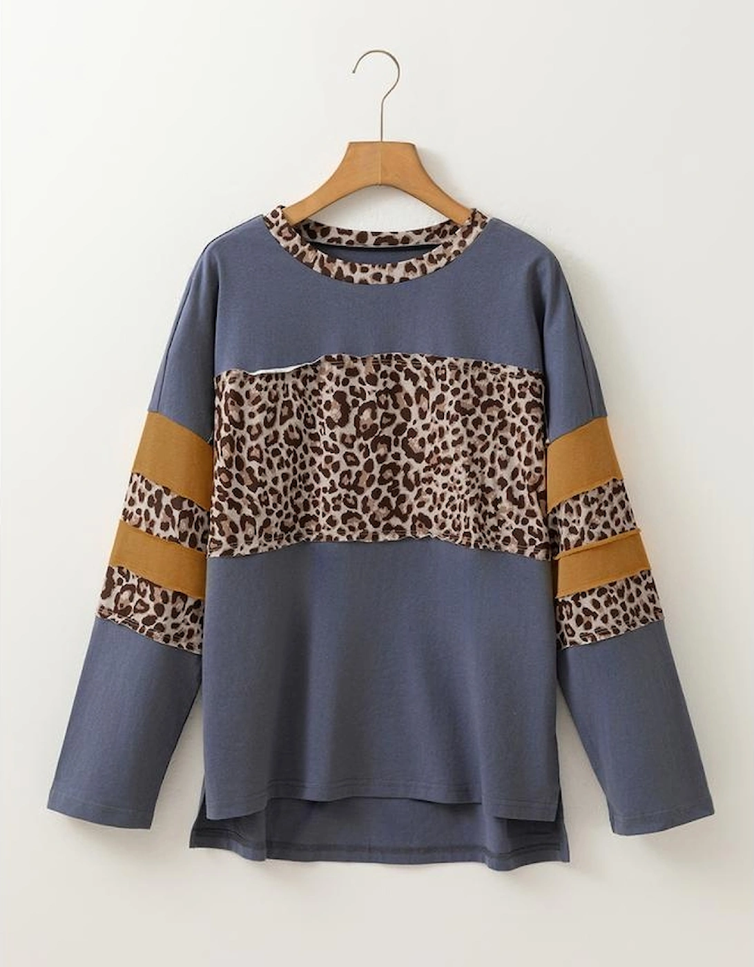 Dark Blue Leopard Colorblock Patchwork Long Sleeve Drop Shoulder Top