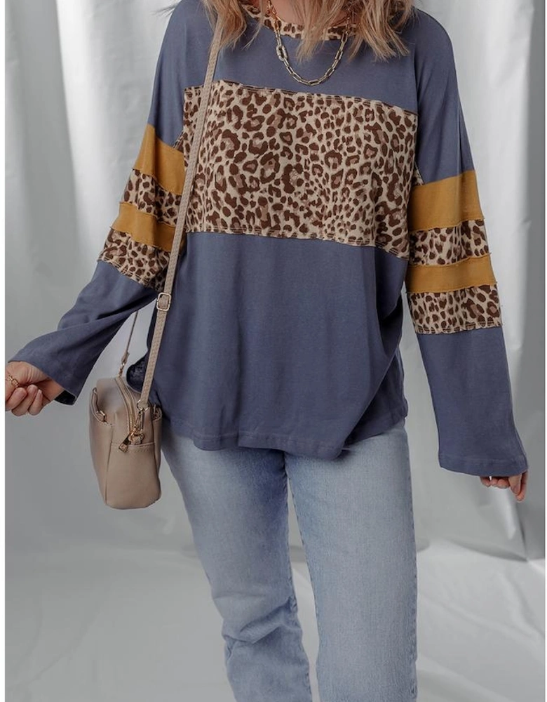 Dark Blue Leopard Colorblock Patchwork Long Sleeve Drop Shoulder Top