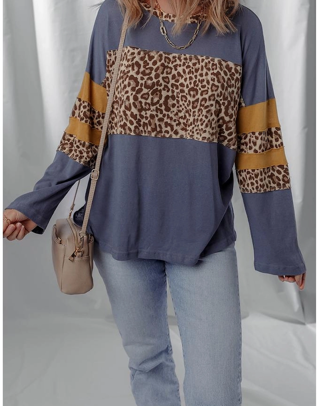 Dark Blue Leopard Colorblock Patchwork Long Sleeve Drop Shoulder Top