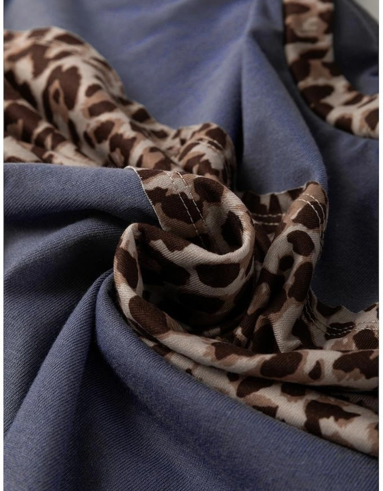 Dark Blue Leopard Colorblock Patchwork Long Sleeve Drop Shoulder Top