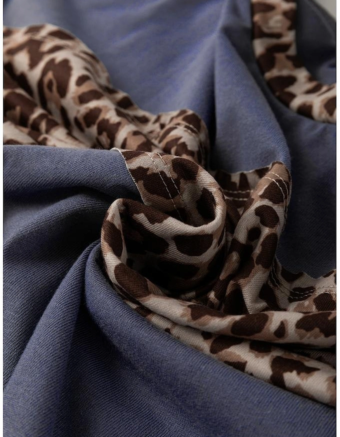 Dark Blue Leopard Colorblock Patchwork Long Sleeve Drop Shoulder Top