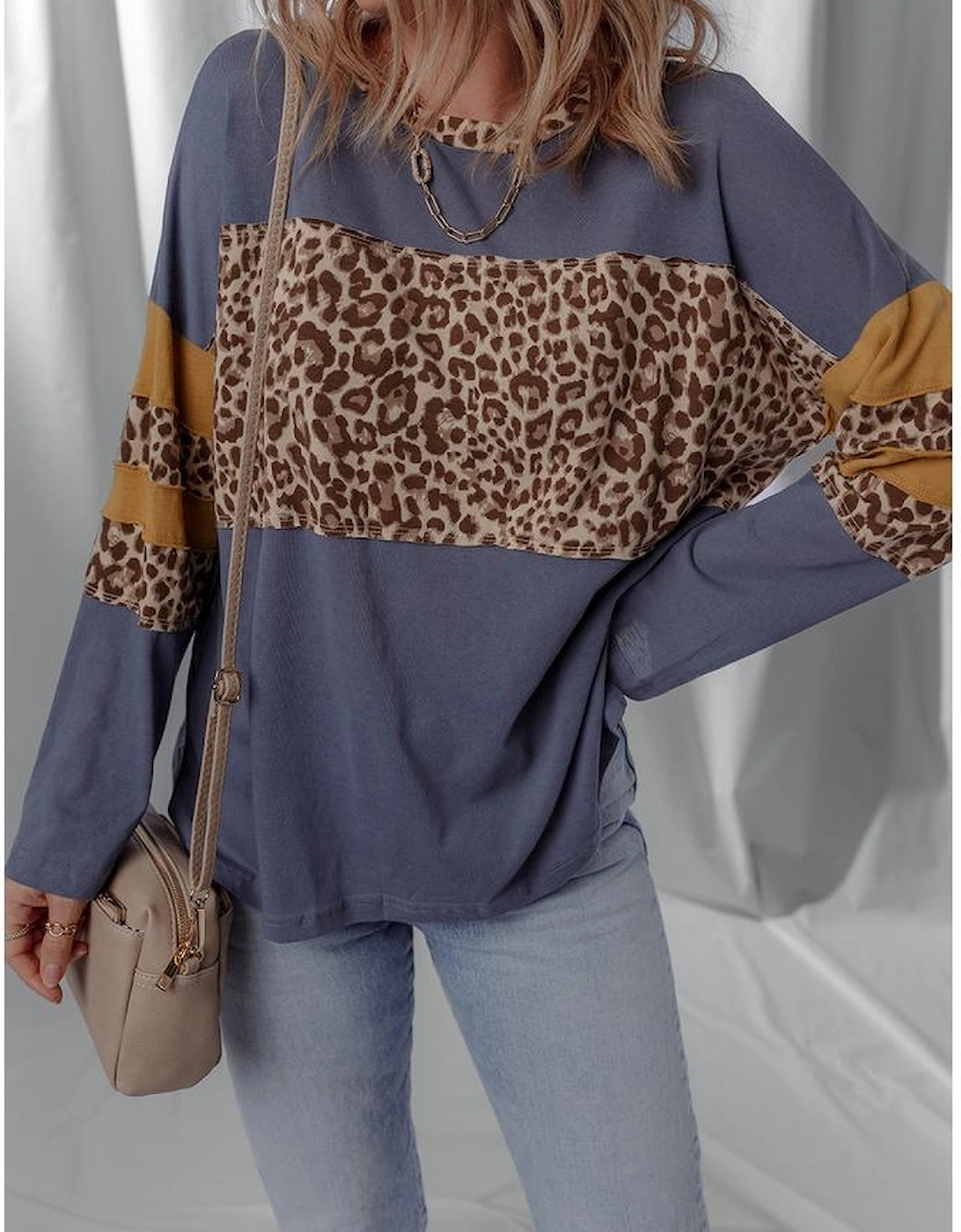 Dark Blue Leopard Colorblock Patchwork Long Sleeve Drop Shoulder Top