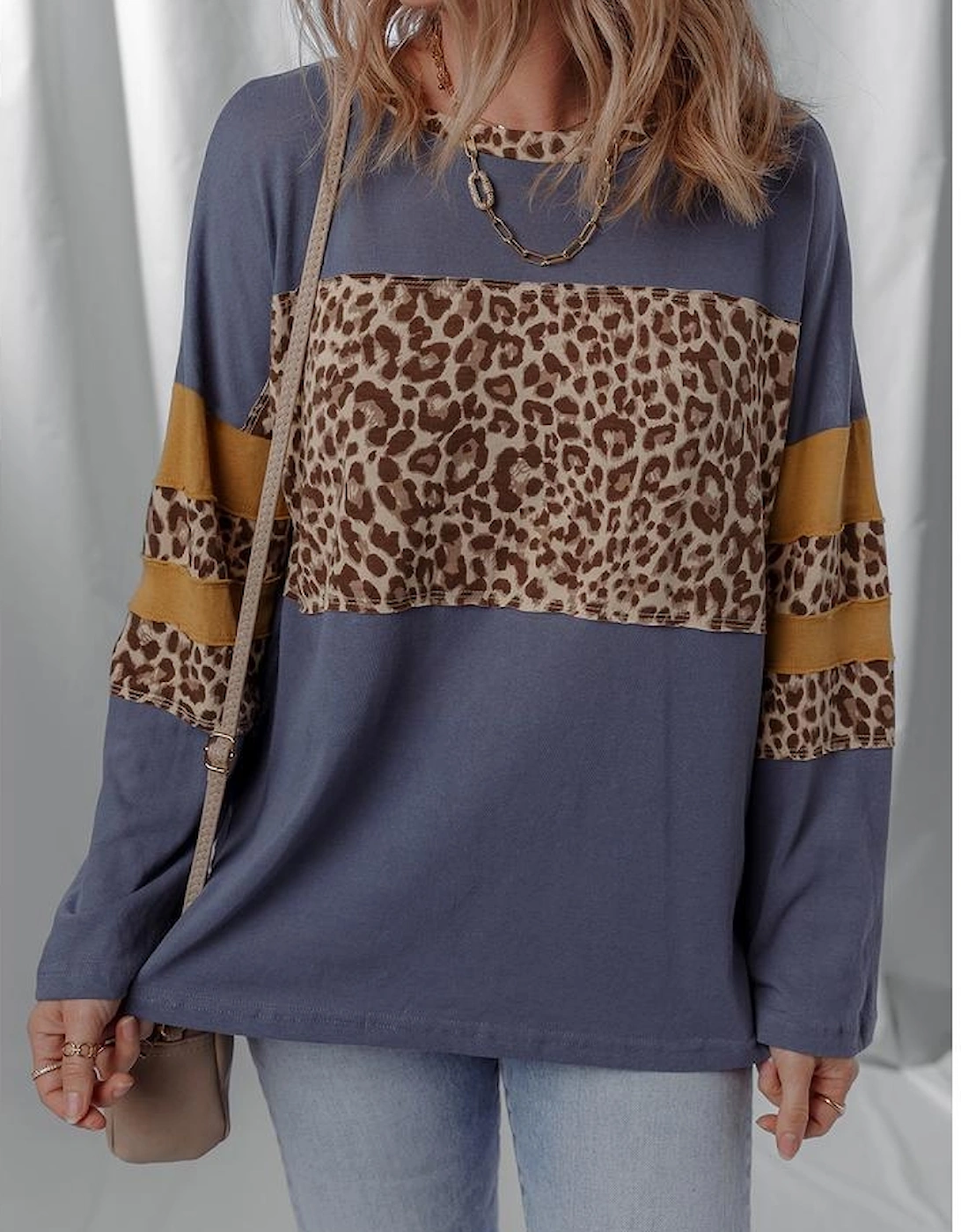 Dark Blue Leopard Colorblock Patchwork Long Sleeve Drop Shoulder Top