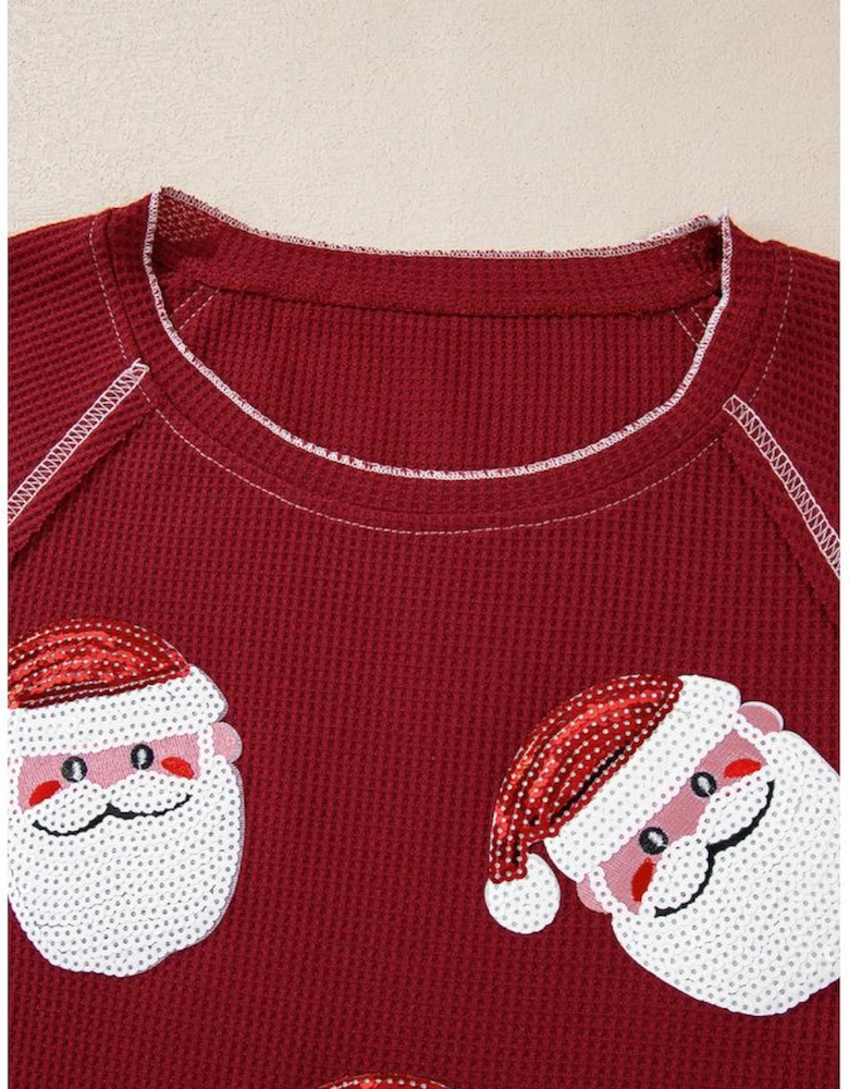 Red Sequin Santa Claus Graphic Textured Long Sleeve Top