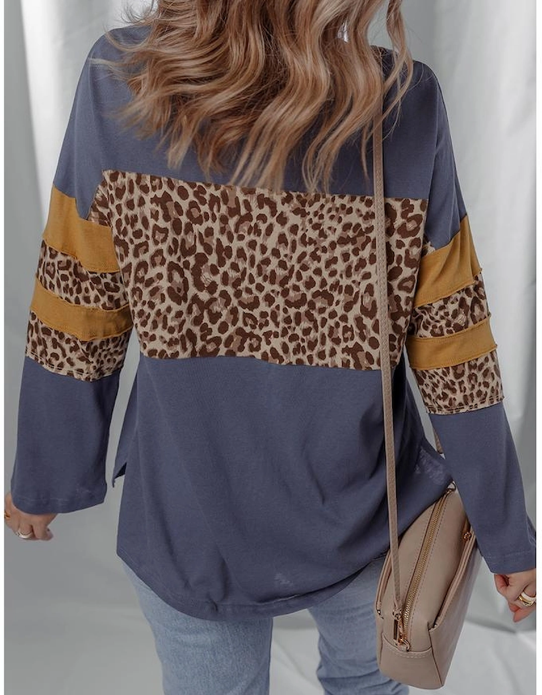 Dark Blue Leopard Colorblock Patchwork Long Sleeve Drop Shoulder Top, 12 of 11