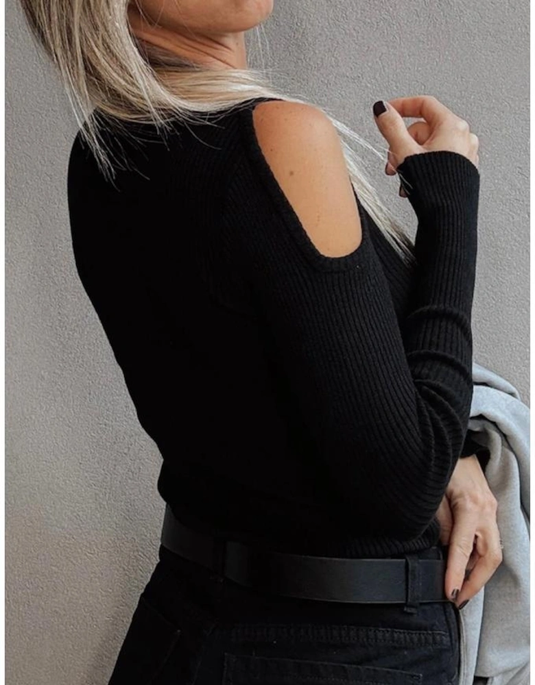 Black Ribbed Knit Cold Shoulder Sweater
