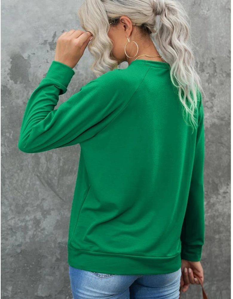 Green Solid Round Neck Raglan Sleeve Sweatshirt