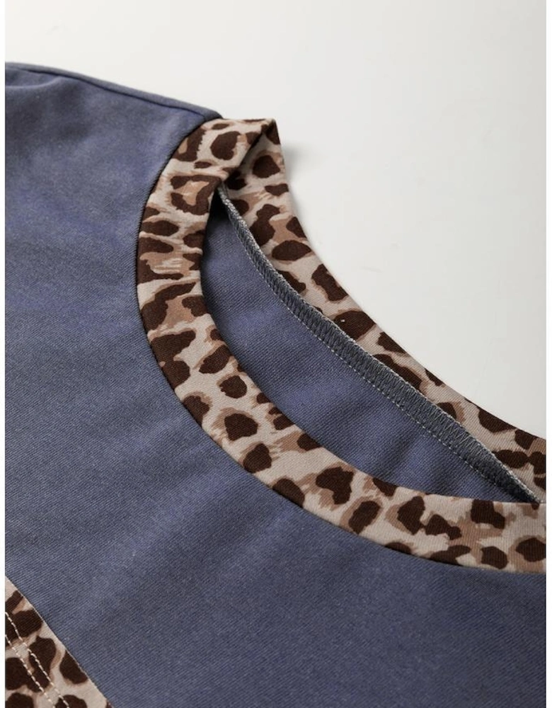Dark Blue Leopard Colorblock Patchwork Long Sleeve Drop Shoulder Top