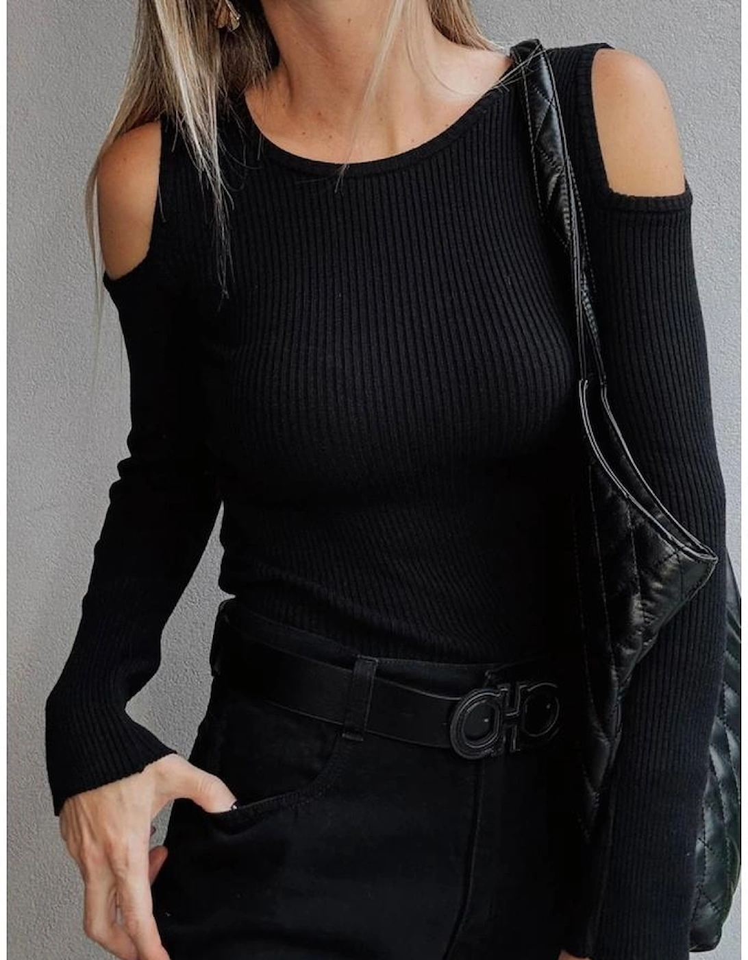 Black Ribbed Knit Cold Shoulder Sweater, 13 of 12